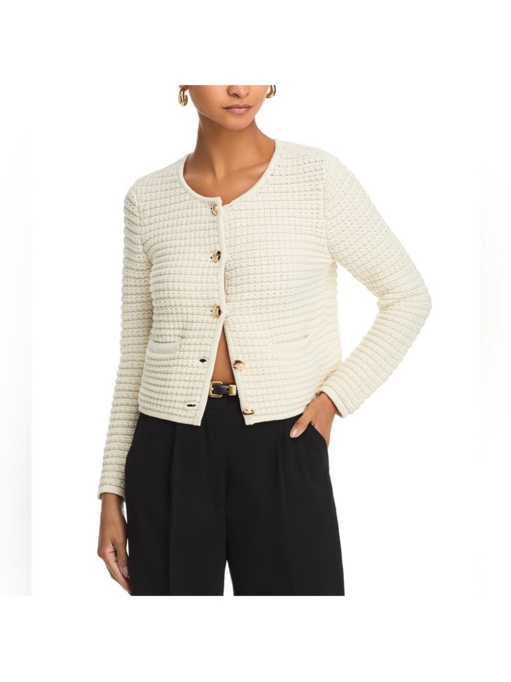 NWT PAIGE Cream Ribbed Knit Button-Front Oberon Cardigan Medium $298
